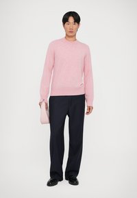 Helle rosa gestrickte Pullover, Rundhalskragen, kombiniert mit dunklen Nadelstreifen-Hosen. Die Person hält eine kleine blassrosa Tasche und steht vor einem neutralen Hintergrund.