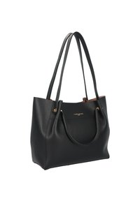 Borsa tote nera in pelle con due manici lunghi, esterno testurizzato e dettagli in hardware dorato. Parte superiore aperta con design minimalista.