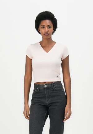 WOVEN LABEL V NECK TEE - Základné tričko - cloud pink