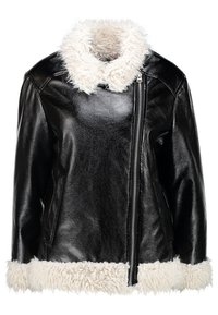 Svart läderjacka med en fluffig vit pälskrage och fåll, som har en asymmetrisk dragkedja. Slät textur med en figursydd design.