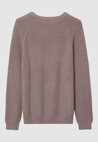 Langärmeliger Strickpullover in sanftem Mauve mit gerippten Bündchen, Saum und Rundhalsausschnitt, flach auf einem neutralen Hintergrund dargestellt.