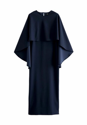 Abito blu navy con una vestibilità comoda, caratterizzato da un design a strati con cappotto, scollatura rotonda e maniche lunghe, realizzato in tessuto morbido.