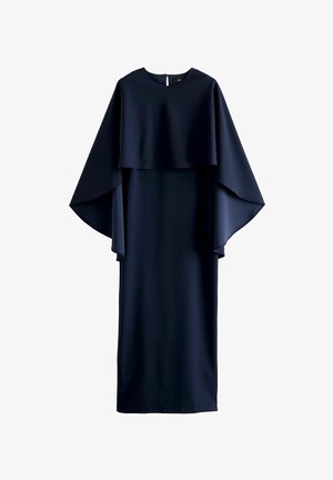 Navy blue dress with a relaxed fit, featuring a layered cape design, round neckline, and long sleeves, crafted from smooth fabric.