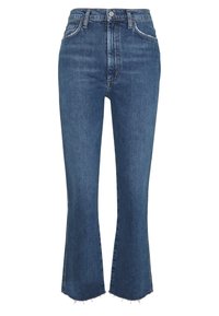 Jeans de mezclilla azul de corte acampanado con cintura alta, con un dobladillo sin terminar, cinco bolsillos y cierre de botón. Tela texturizada con un acabado suave.