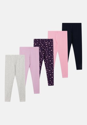 Viisi paria legginssejä eri väreissä: harmaa, laventeli, vaaleanpunainen, laivastonsininen ja tumman violetti sydänkuviolla. Kaikilla on sileä, joustava rakenne.