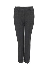Pantalon gris foncé sur mesure avec fermeture avant par bouton et zip, ourlets retournés et poches latérales, présenté sur fond blanc.