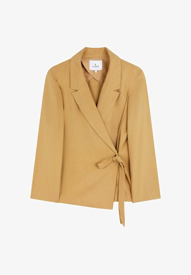 Mustard-colored blazer made from a smooth fabric, featuring a notched lapel, long sleeves, and a tie closure at the waist.