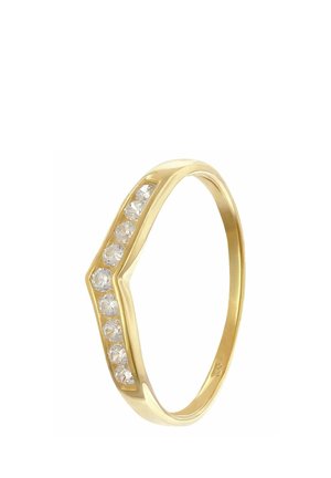 Gold ring with a V-shape design, set with a row of small round clear gemstones along the top side.