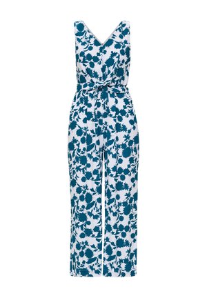 Combinaison florale en blanc et teal, avec un décolleté en V, un design enveloppant et une taille ceinturée ; coupe évasée et texture de tissu lisse.