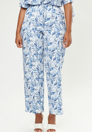 Pantalons légers à jambes larges en blanc avec un motif de feuilles bleues. La taille élastique et les poches latérales offrent confort et fonctionnalité.