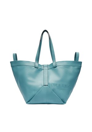 Large turquoise leather tote bag with a structured design, featuring dual handles and embossed logo detail on the front.