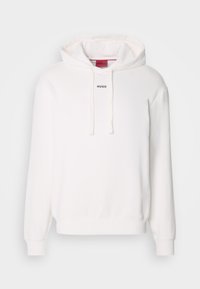 Sweat à capuche blanc à enfiler avec cordons à l'avant et petit logo noir "HUGO" centré sous l'encolure.