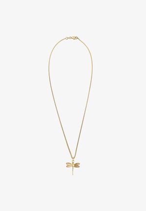 Złota naszyjnik z cienkim łańcuszkiem, z zawieszką w kształcie ważki. Ważka ma szczegółowe skrzydła oraz gładką teksturę ciała.