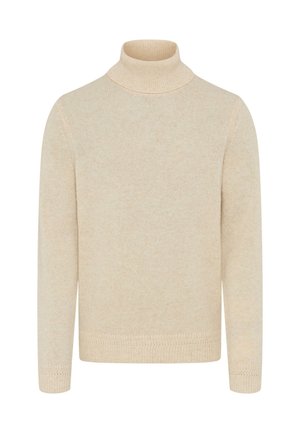 Hellbeiger Rollkragenpullover aus weichem Strickmaterial. Gerippter Kragen und Bündchen mit einer strukturierten Oberfläche, mit einer lockeren Silhouette.