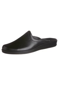 Sorte læder slip-on sko med en rund tå, glat overflade og let hæl. Har minimal syning og en kontureret såledesign.
