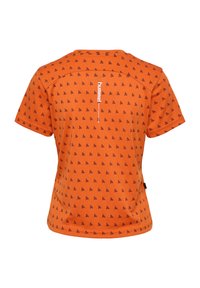 Korte mouwen oranje shirt met een herhalend donker patroon, ronde halslijn, contrasterend logo-detail en een relaxte pasvorm.