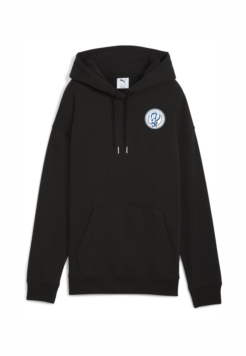 Felpa nera con cappuccio, tasca a marsupio anteriore, cappuccio con cordino e logo circolare sul petto sinistro in blu e bianco. Realizzata in tessuto morbido.