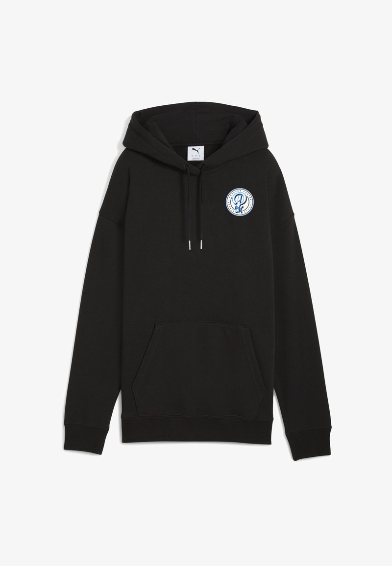 Felpa nera con cappuccio, tasca a marsupio anteriore, cappuccio con cordino e logo circolare sul petto sinistro in blu e bianco. Realizzata in tessuto morbido.