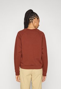 Rudo-rudos spalvos džemperis su apvalia iškirpte ir raglano rankovėmis, turintis ribotą apvadą ir tekstūruotą audinį, matomas iš nugaros.