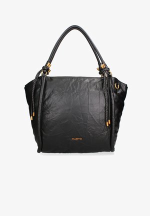 Borsa a mano in pelle nera con una texture increspata, finitura lucida, due manici, hardware dorato e logo del marchio nella parte inferiore centrale.