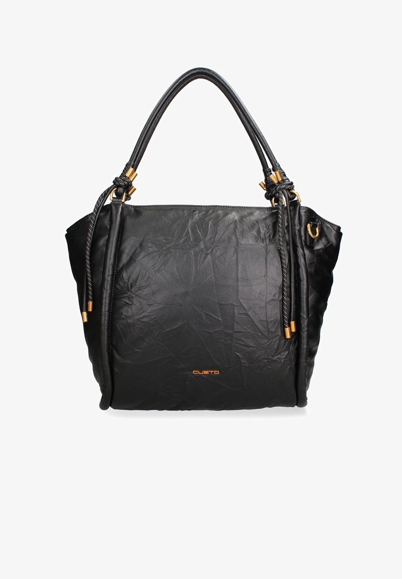 Borsa a mano in pelle nera con una texture increspata, finitura lucida, due manici, hardware dorato e logo del marchio nella parte inferiore centrale.