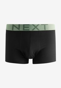 Črne bokserice s pristrižnim pasom v mehki mint zeleni barvi, na katerem je v kontrastnem slogu napisano "NEXT". Gladka tekstura tkanine.