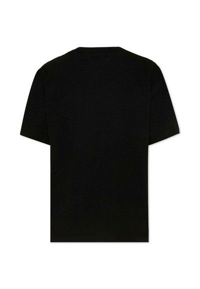 Czarny T-shirt z krótkim rękawem widziany od tyłu, gładki wzór z okrągłym dekoltem i prostym dołem.