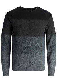 Maglione a maniche lunghe in nero e grigio, caratterizzato da un design a maglia testurizzata con un motivo gradient che passa da tonalità scure a tonalità più chiare.