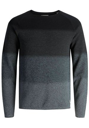 Schwarz-grauer langärmeliges Sweatshirt mit einem strukturierten Strickdesign und einem Farbverlaufsmuster, das von dunkleren zu helleren Farbtönen übergeht.