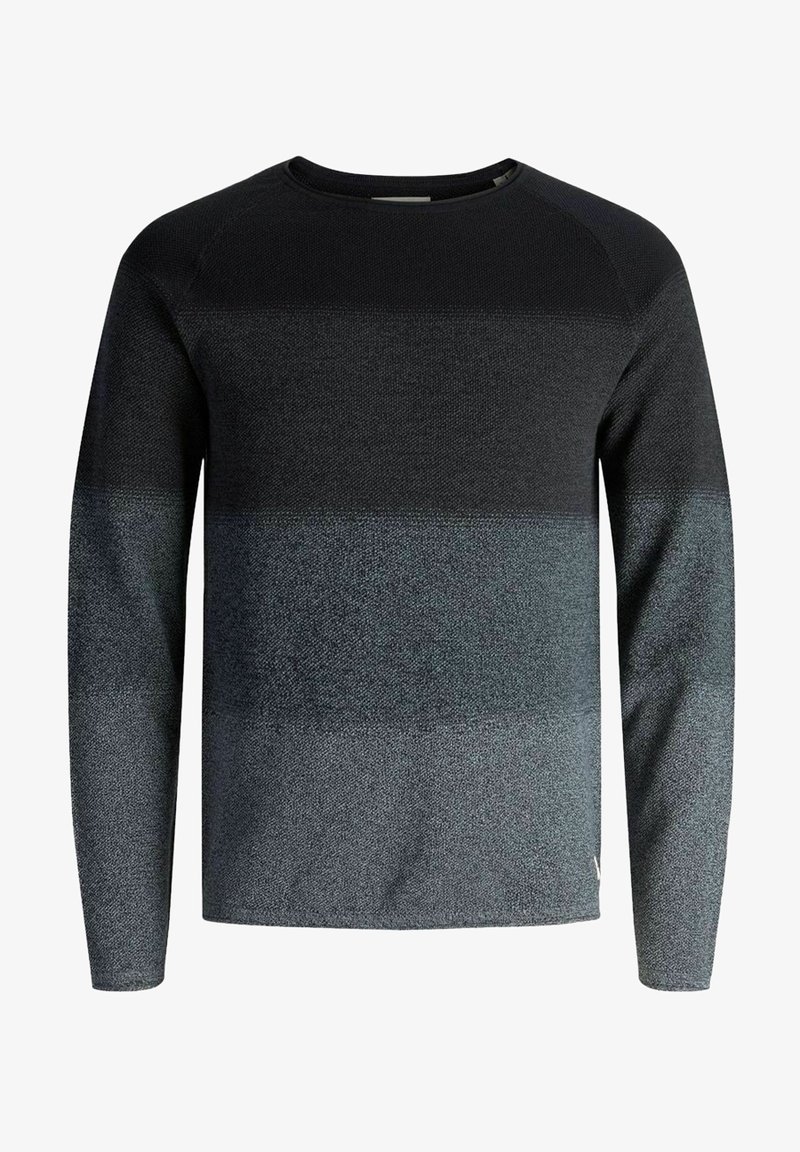 Musta- ja harmaanraitaset pitkähihaiset neulepusero, pyöreä kaula-aukko, teksturoidusta neuloskankaasta, jossa hienovarainen värisävyjen liuku.