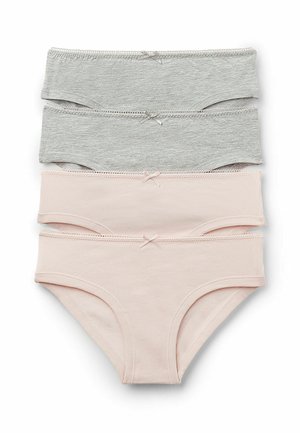 Vier Paar Baumwollunterwäsche: zwei grau, eine hellrosa und eine dunkler rosa. Jedes hat eine Schleifenakzent am Bund und weiche elastische Ränder.