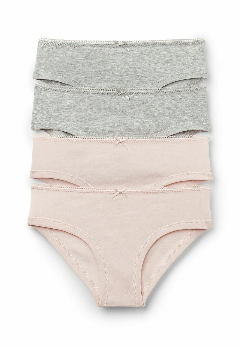 Vier Paar Baumwollunterwäsche: zwei grau, eine hellrosa und eine dunkler rosa. Jedes hat eine Schleifenakzent am Bund und weiche elastische Ränder.