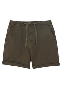 Shorts décontractés vert foncé avec taille à cordon, passants de ceinture, poches latérales et ourlets roulés.