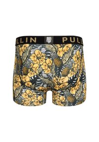 Boxer-Shorts pour hommes avec une base noire, présentant un motif floral et d'ananas jaune vif, et une ceinture large noire avec le logo "PULL IN".