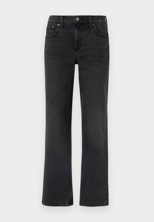 Juodų džinsų kelnės su tiesiu laikymusi, penkiomis kišenėmis ir matoma siūlų dygsniu. Audinys pasižymi švelnia tekstūra ir nudilusia apdaila.