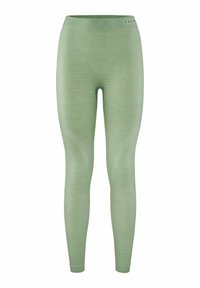 Green fitted leggings made from textured fabric, featuring a high waistband and subtle zigzag patterns along the sides.