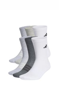 Set di quattro paia di calzini in tonalità grigio, bianco e nero. Presentano un design a coste, sfumature varie e il logo Adidas sui calzini bianchi.