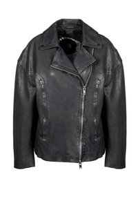 Giacca da motociclista in pelle nera con colletto a cappotto, chiusura a zip e due tasche laterali. Texture liscia con minimi dettagli in metallo.