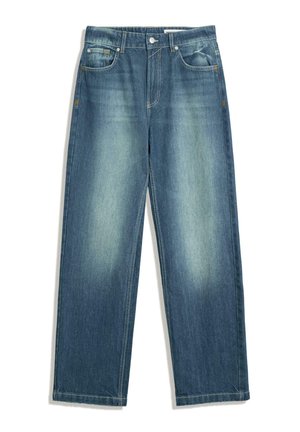 Blauwe spijkerbroek met een ontspannen pasvorm, voorzien van een lichte vervaging, een vijf-pocket ontwerp en oranje stikselaccenten.