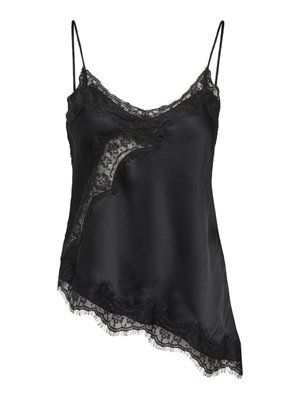 Black satin camisole with lace trim along the neckline and asymmetrical hem. Features thin adjustable straps and soft texture.