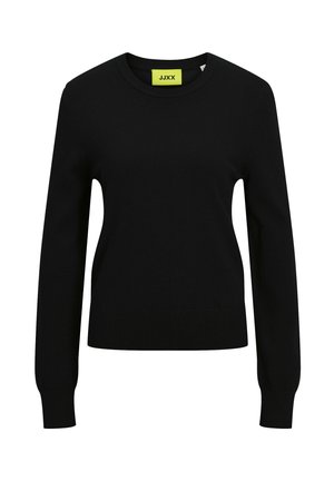 Maglione nero a maniche lunghe con scollo rotondo, polsini e orlo a coste, con un'etichetta gialla con le lettere JJXX sul collo.