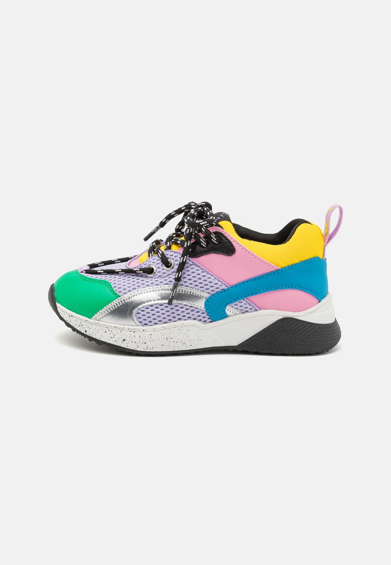 Multicolored sneaker featuring mesh and synthetic materials. Notable colors include green, pink, blue, yellow, and black with textured accents.