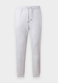 Gray sweatpants in soft cotton blend. Features an elastic waistband with drawstring and tapered cuffs. Smooth texture, no patterns.