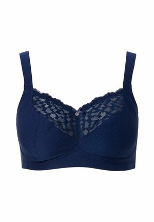 Sostén azul marino con detalles de encaje, textura de lunares, tirantes ajustables y un lazo en el centro. Incluye un diseño con aros y sin almohadillas.