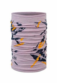 Tube-shaped neck gaiter in soft pink fabric, featuring abstract black and yellow patterns. Stretchy design allows for versatile wear.