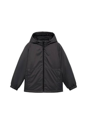 Veste à capuche noire avec fermeture éclair sur le devant, poignets élastiques et deux grandes poches avant. Matériau lisse avec une texture légèrement rembourrée.