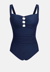Donkerblauwe badpak met geplooide textuur, verstelbare bandjes en decoratieve sleutelgatuitsnijding aan de voorkant. Glad stofafwerking.