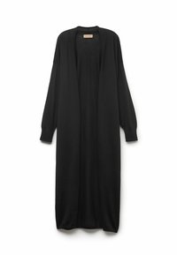 Długa, czarna kardiganka wykonana z miękkiego materiału. Posiada szerokie rękawy i otwarty przód. Gładka faktura bez widocznych wzorów.