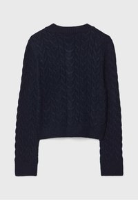 Marinblå stickad kort tröja med en texturerad kabelmönster, ribbade manschetter och nederkant. Enkel design med rund halsringning och långa ärmar.