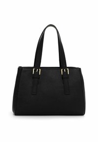 Czarna, teksturowana skórzana torebka z dwoma długimi paskami wyposażonymi w klamry w kolorze złota oraz prostokątną podstawą.